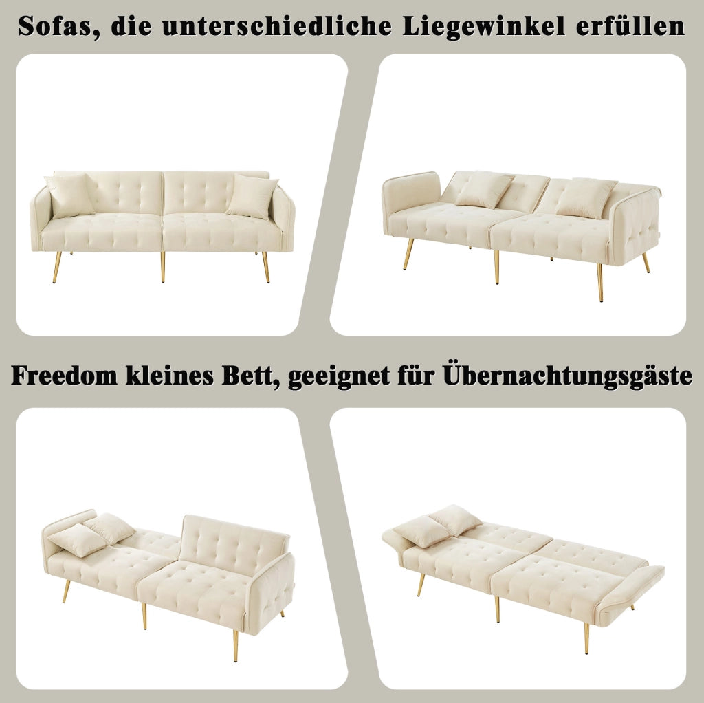 Divano letto a 2 posti convertibile 215x81;5 cm in velluto beige con schienale regolabile