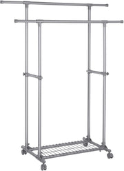 SONGMICS Appendiabiti a doppia barra, portaabiti, mobile estensibile tra 87 e 150 cm, con ruote e ripiano portaoggetti, capacità di carico 70 kg, per cappotti, sciarpe, grigio LLR13GY