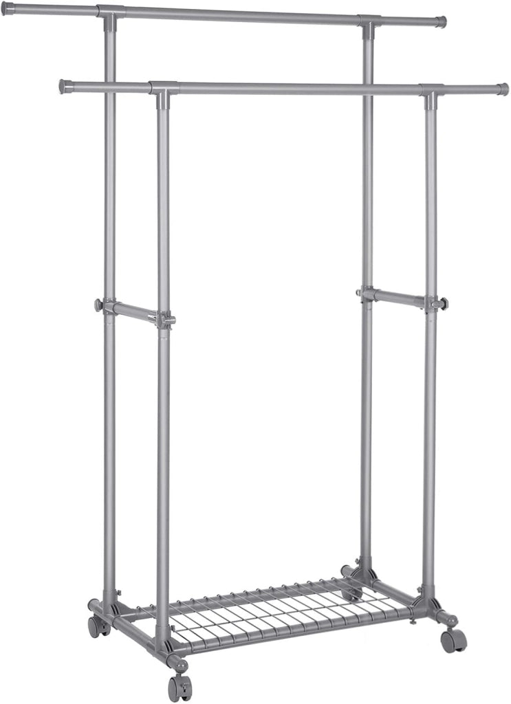 SONGMICS Appendiabiti a doppia barra, portaabiti, mobile estensibile tra 87 e 150 cm, con ruote e ripiano portaoggetti, capacità di carico 70 kg, per cappotti, sciarpe, grigio LLR13GY