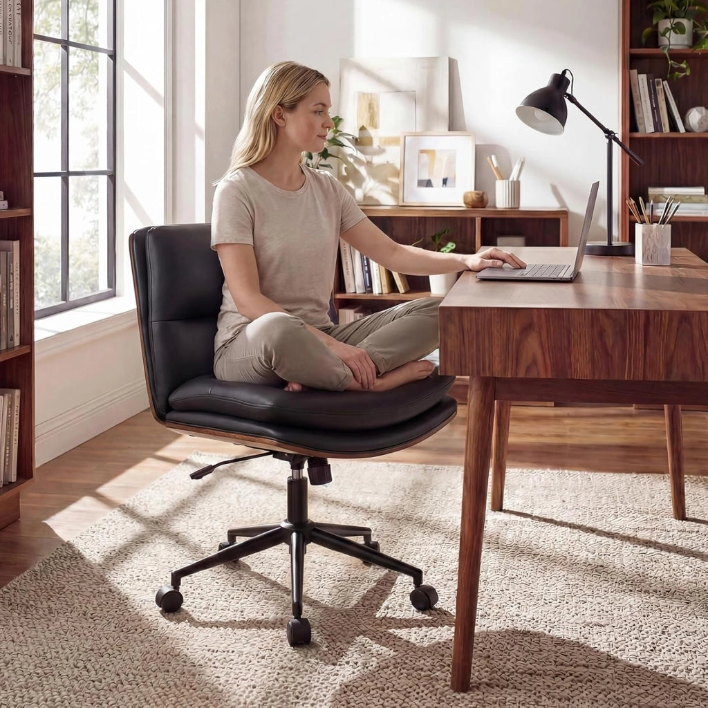 Sedia Ufficio Girevole con Ruote, Sedile Curvo, Schienale Reclinabile, Poltrona Scrivania con Altezza Regolabile, per Lavoro, Studio, Relax, Portata 110 kg (Nero)