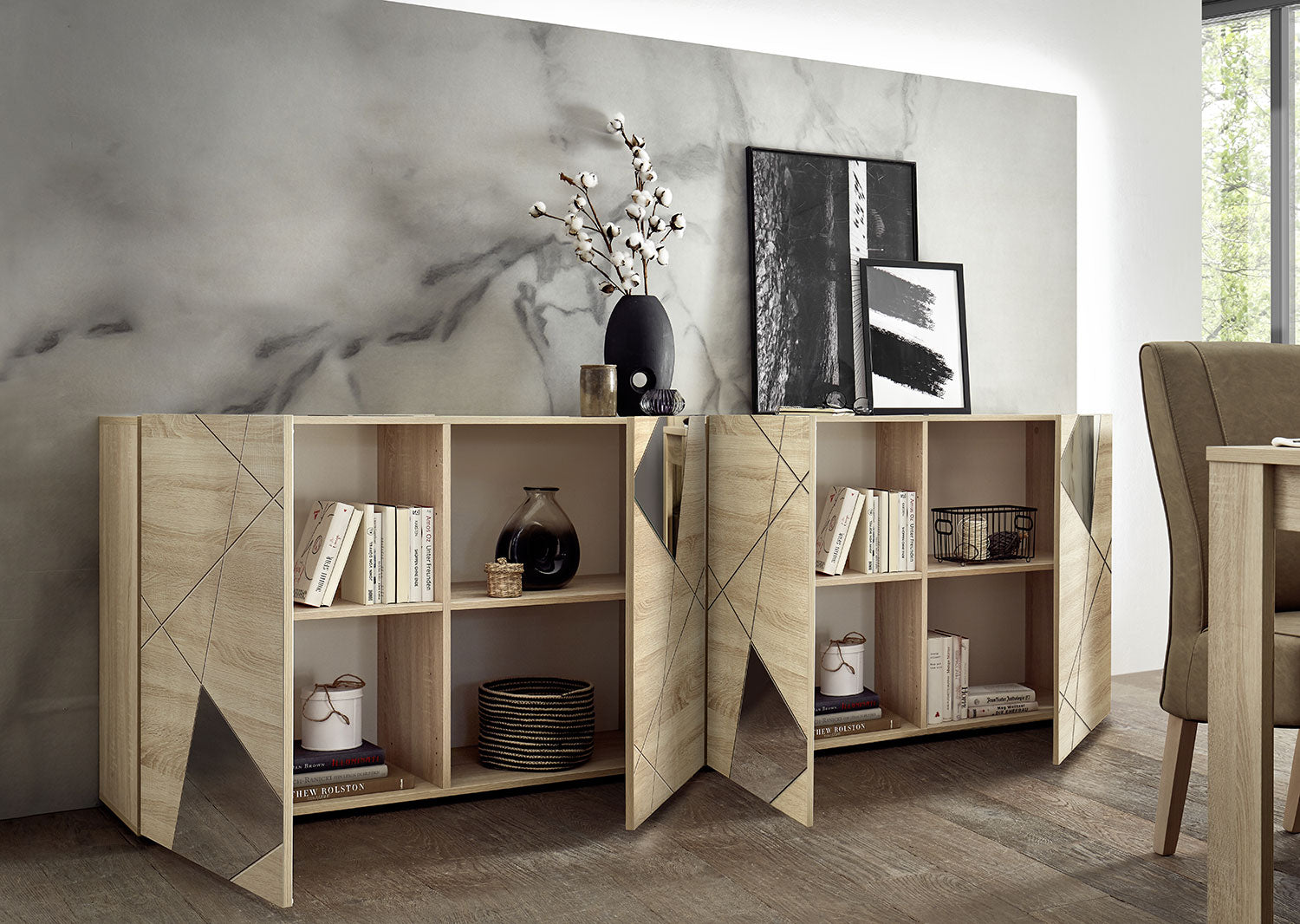 Madia Design Moderno 4 Ante con Serigrafie e Specchi Vittoria 241x42x84 cm Rovere Samoa