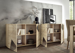 Madia Design Moderno 4 Ante con Serigrafie e Specchi Vittoria 241x42x84 cm Rovere Samoa