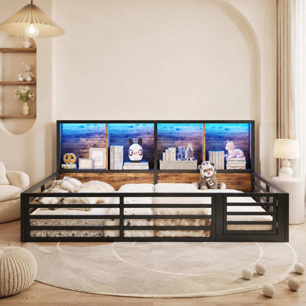 DESMIU Letto bambino 140 × 200 cm con vani laterali, LED e sponda, senza materasso, in MDF e metallo, nero