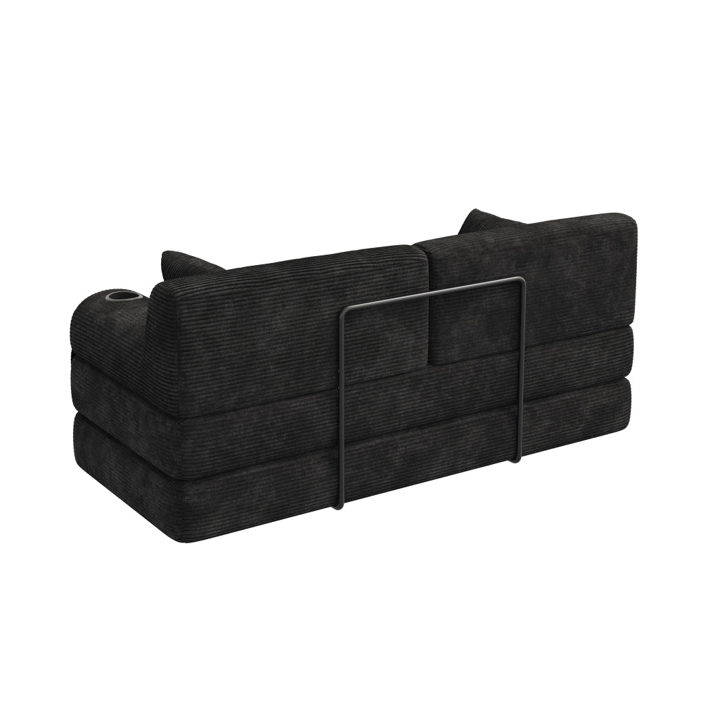 Divano letto a 2 posti con schienale alto, tasche laterali e 2 portabicchieri in velluto a coste nero 168 × 80 × 81 cm