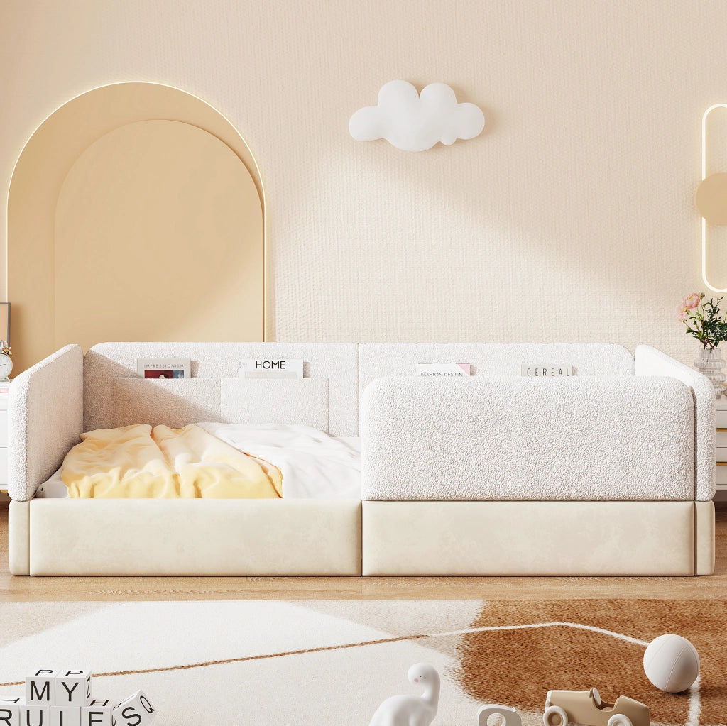 Letto a piattaforma imbottito 90x200 cm con sponde protettive e tasche portaoggetti, bianco