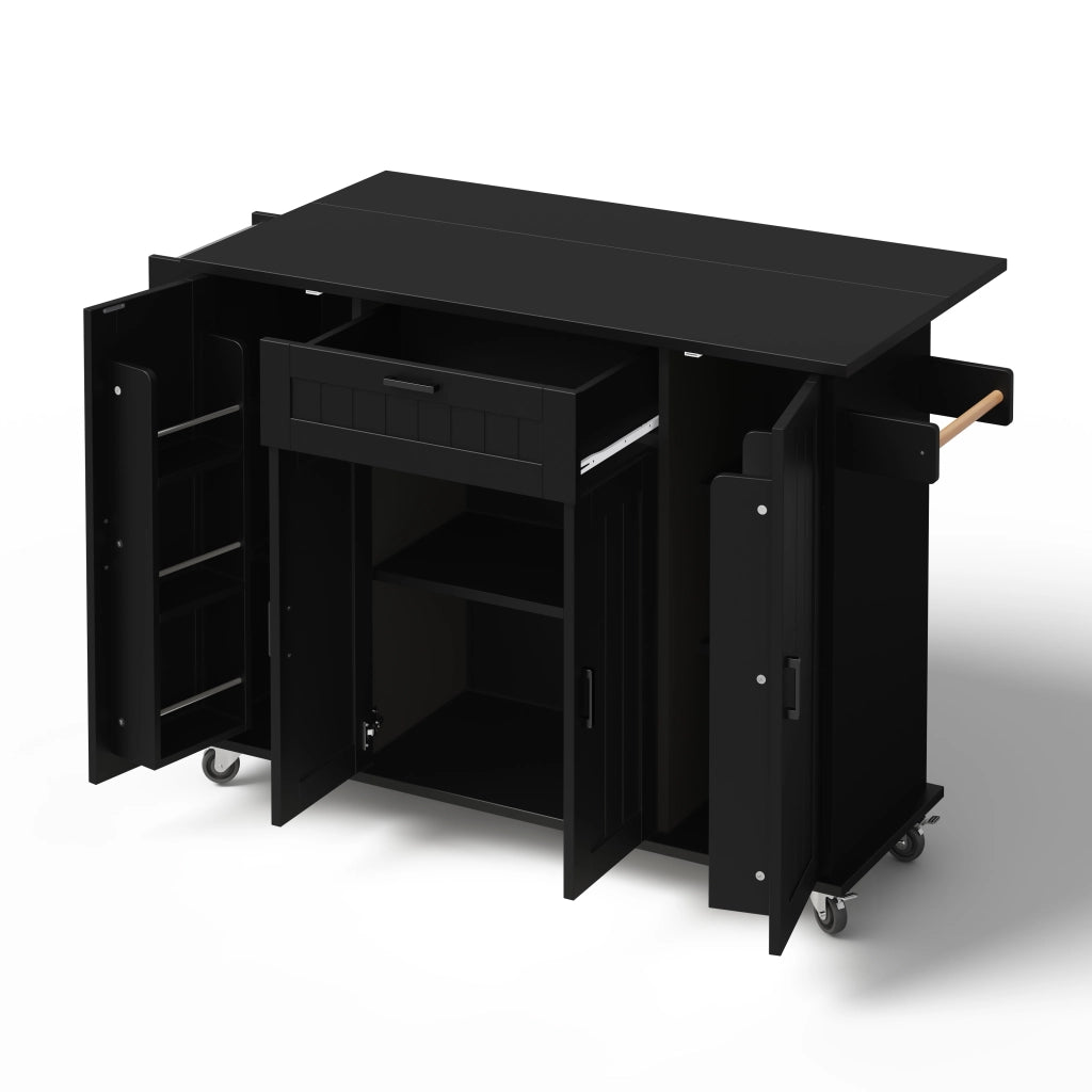 Isola cucina con piano ribaltabile e ruote, 4 ante e 1 cassetto, nera, 120x45(70)x95 cm