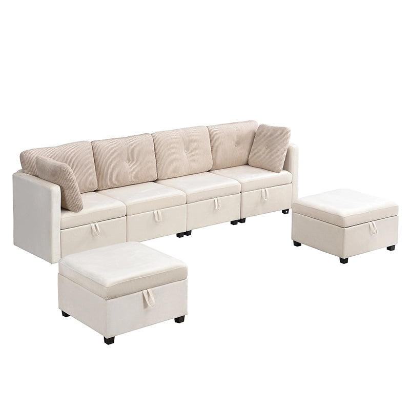 Divano modulare a U 6 posti con contenitore e cuscini, in velluto e cordino Beige