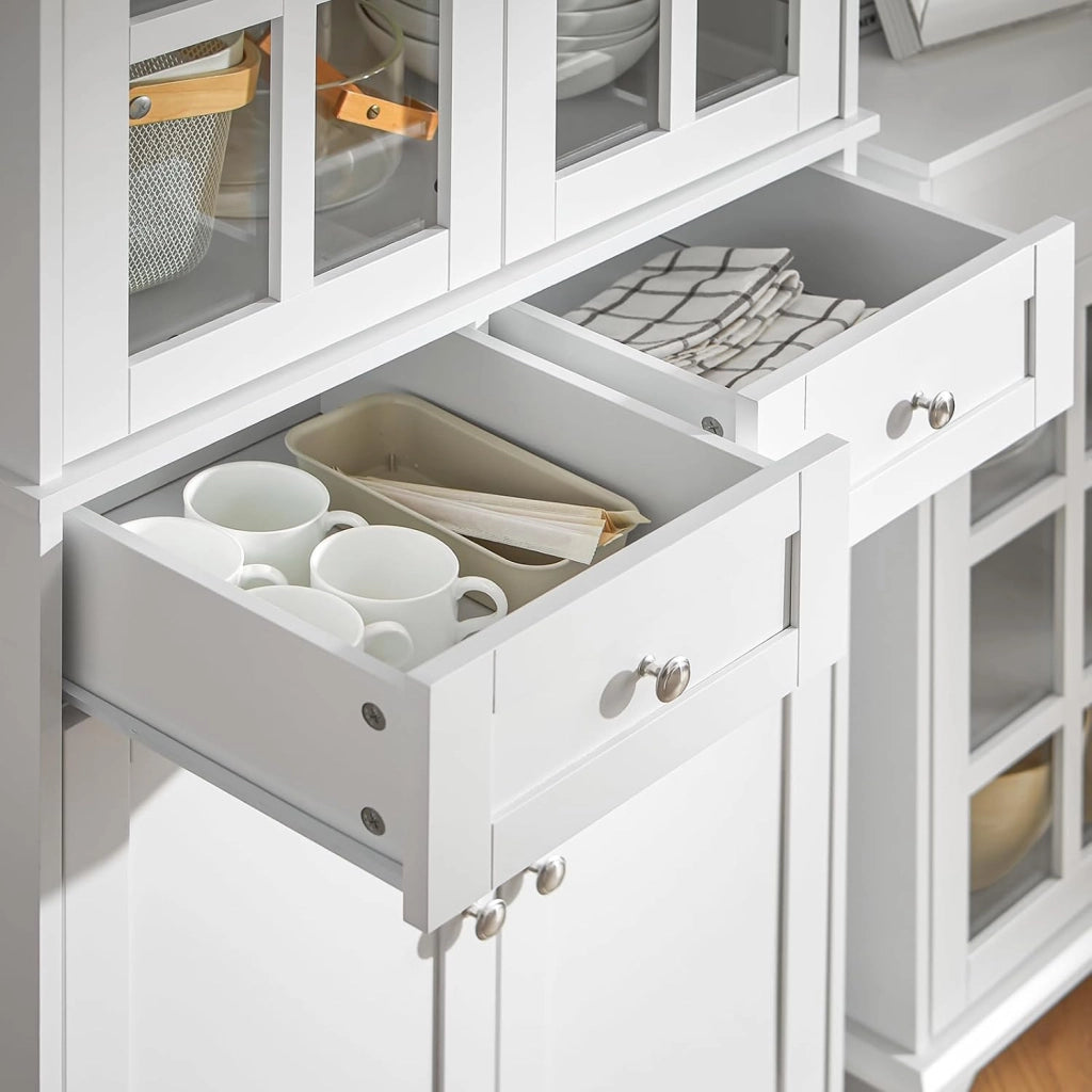 Credenza Alta per Cucina Mobile Buffet in Legno con 6 scomparti e 2 cassetti Armadio Dispensa in Stile moderno Bianco 75x40x175cm FSB76-W
