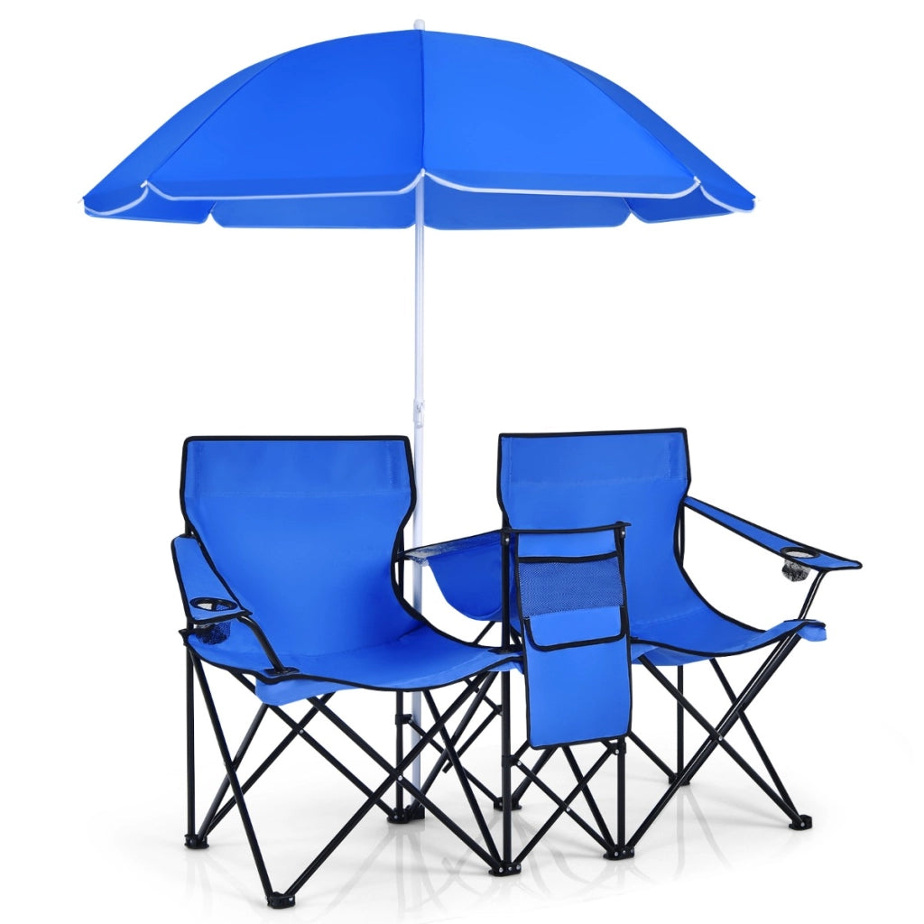 Sedia da picnic in acciaio portatile e pieghevole-Sedia da esterno con ombrellone mini tavolo porta bevande Blu