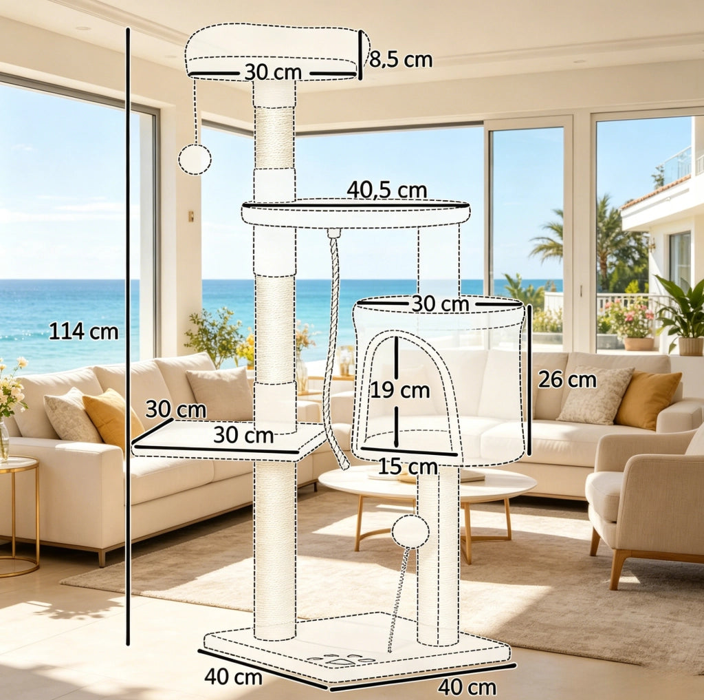 Albero tiragraffi beige 114 cm con nicchia, amaca e piattaforme