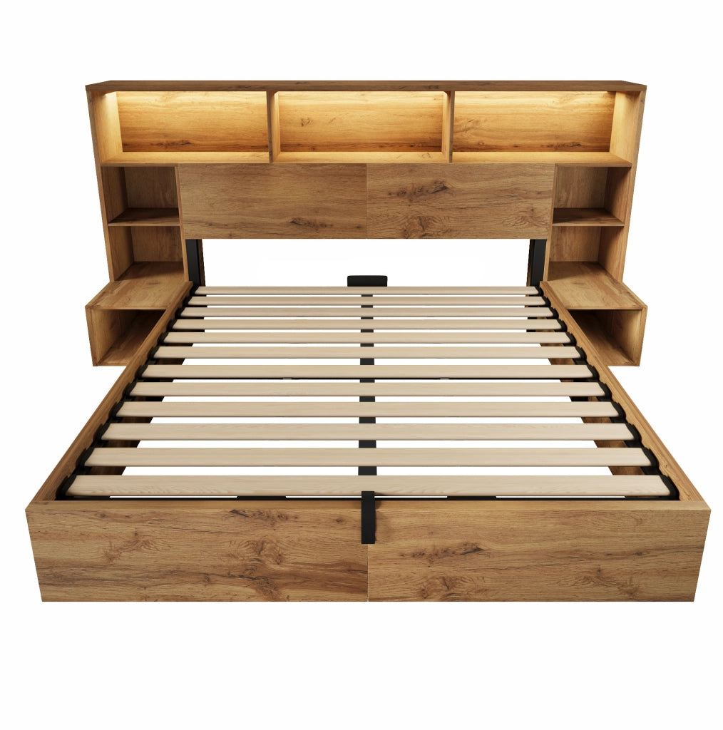 Letto matrimoniale 160x200 cm effetto rovere con contenitore; LED; USB e comodini integrati