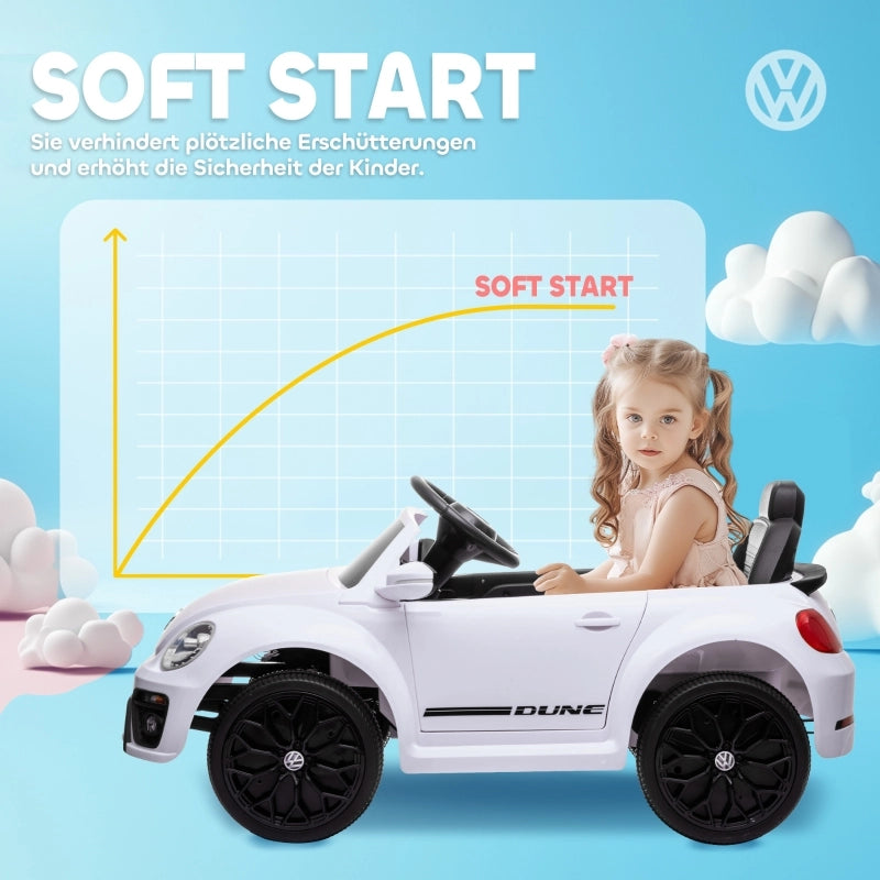 Macchina elettrica per bambini, modello Maggiolino VW, velocit¨¤ 3-5 km/h, con telecomando e musica, colore bianco.