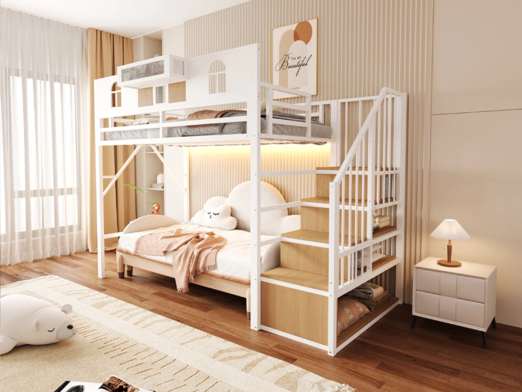 Letto a soppalco in metallo 90x200 cm con scala contenitore, mensola e luci, bianco