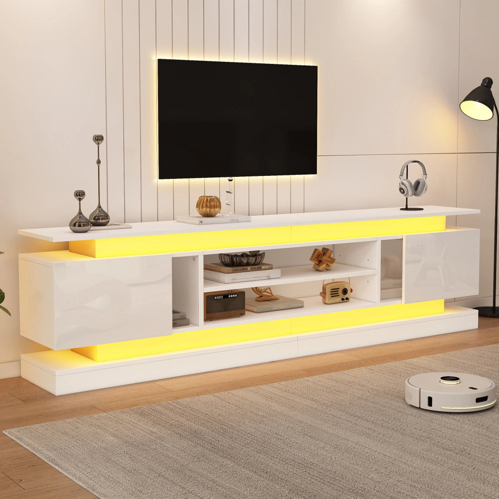 Mobile TV 180 × 35 × 60 cm 2 ante push to open con LED RGB Bluetooth e ripiani regolabili bianco lucido