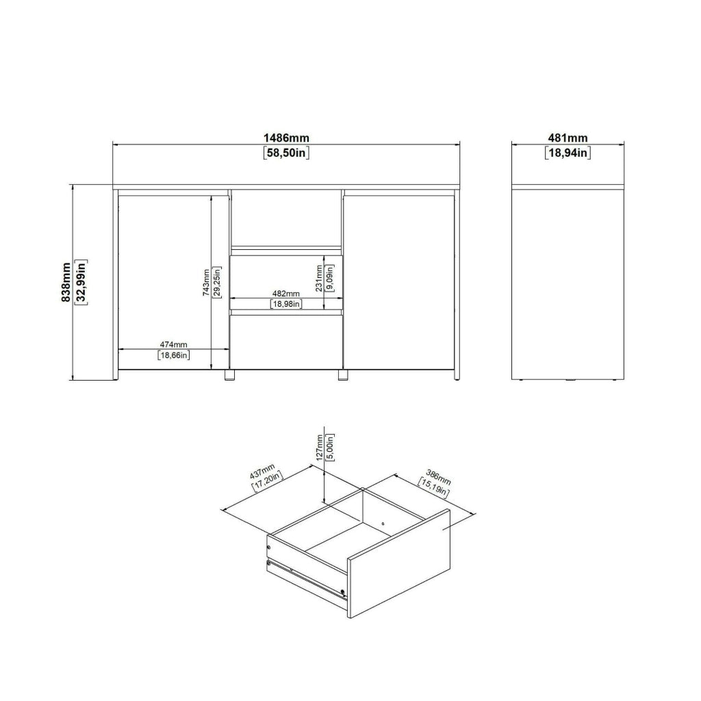Credenza Alalngar, Buffet da soggiorno, Madia da salotto, Dispensa da cucina, 149x48 h84 cm, Rovere e Bianco lucido