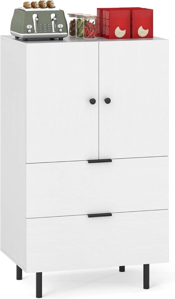 Credenza da Cucina, Armadio a 2 Ante con Cassetti e Mobile Contenitore, Mobile Cucina da Pavimento con Gambe in Metallo per Soggiorno e Appartamento, 60 x 41,5 x 102 cm (Bianco)