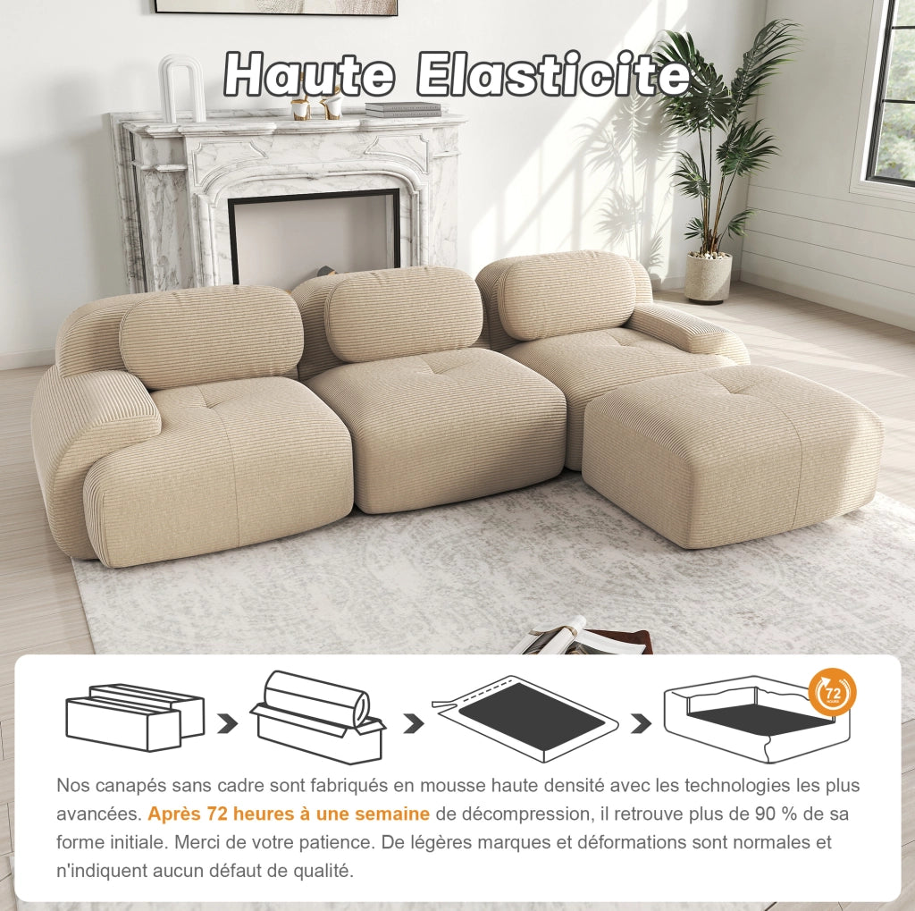 Divano 3 posti modulare in tessuto a coste beige con braccioli ergonomici e imbottitura ad alta elasticità