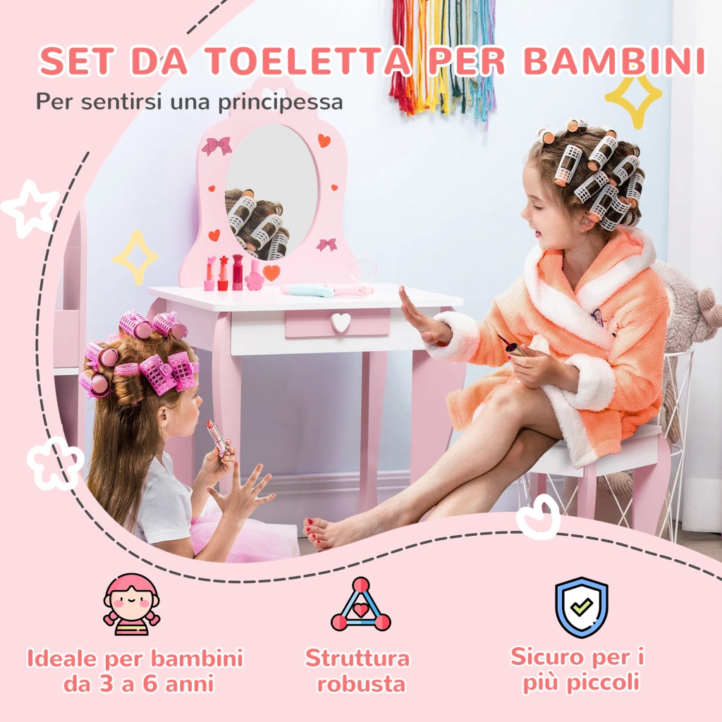 EasyComfort Set Tavolo Trucco con Sgabello, Specchio e Cassetto in MDF per Bimbi 3-6 Anni, Bianco e Rosa
