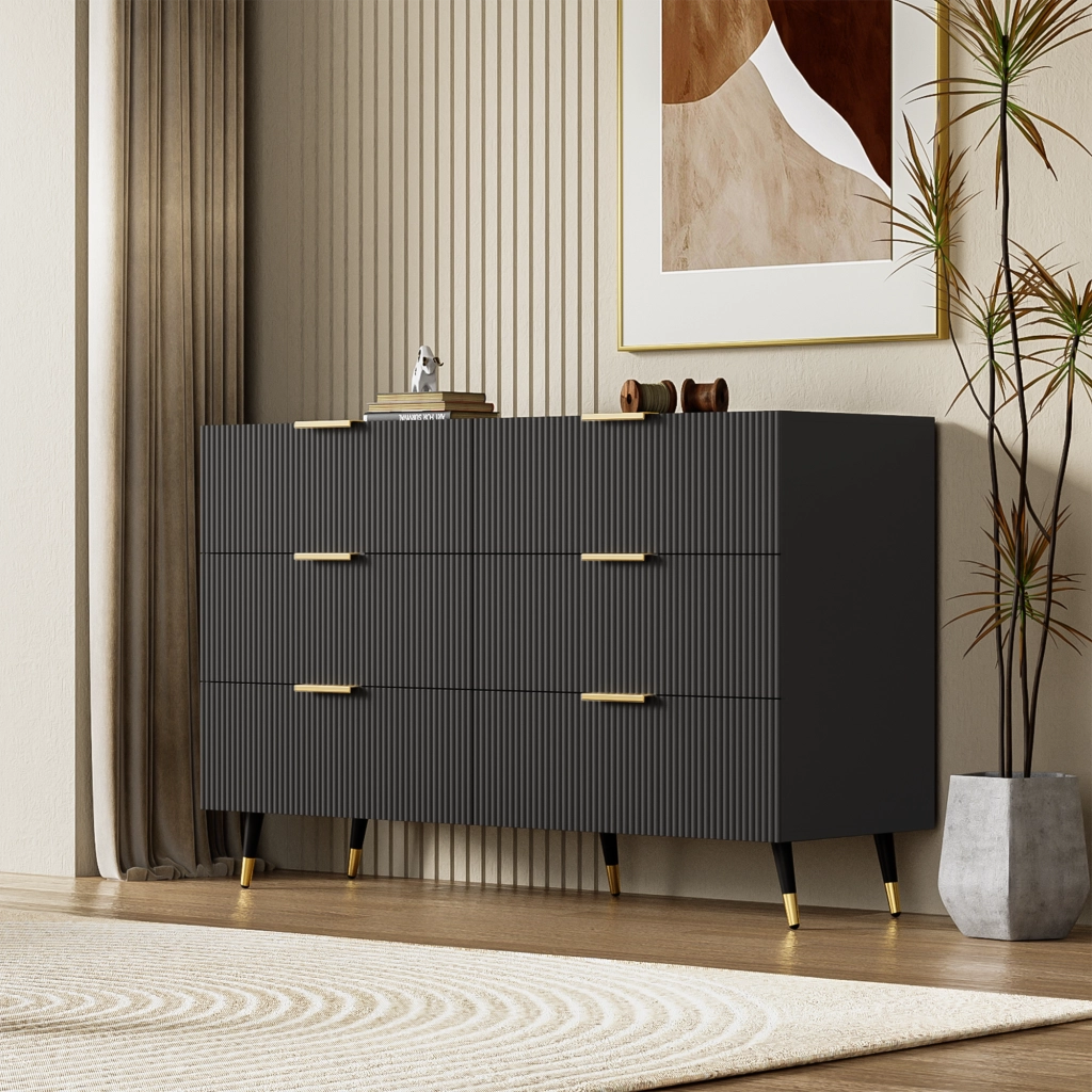 Credenza con 6 Cassetti e Piedini 15 cm; Frontale Ondulato; Stile Moderno; in Pannello Truciolare; Nero; 120??40??77 cm