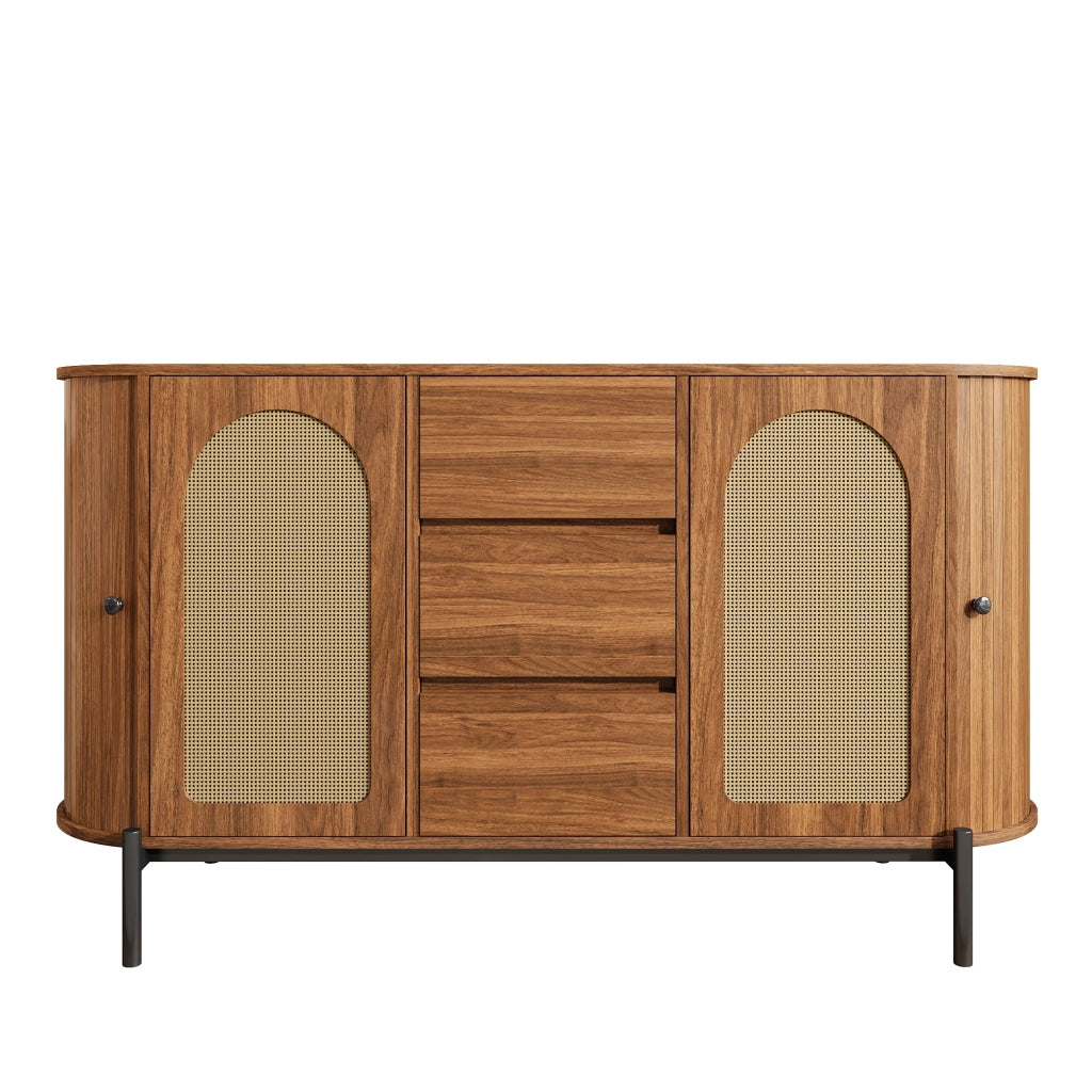 Credenza ovale con ante scorrevoli, 3 cassetti e ripiani regolabili per soggiorno, in MDF, noce, 140 × 38 × 77,5 cm
