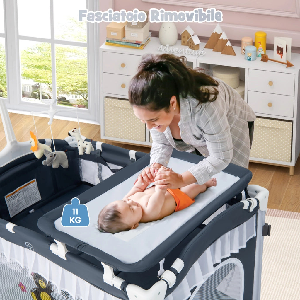 Culla neonati 4 in 1 convertibile fasciatoio zanzariera rimovibile-Lettino viaggio pieghevole ruote carillon borsa Grigio