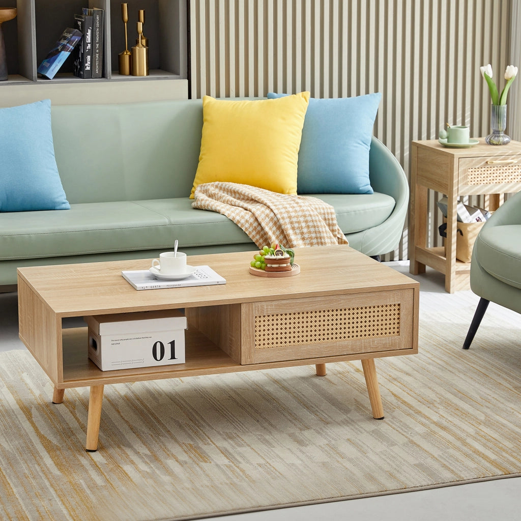 Tavolino da caffè con anta scorrevole; per soggiorno; in MDF; 105×55×40 cm; legno naturale