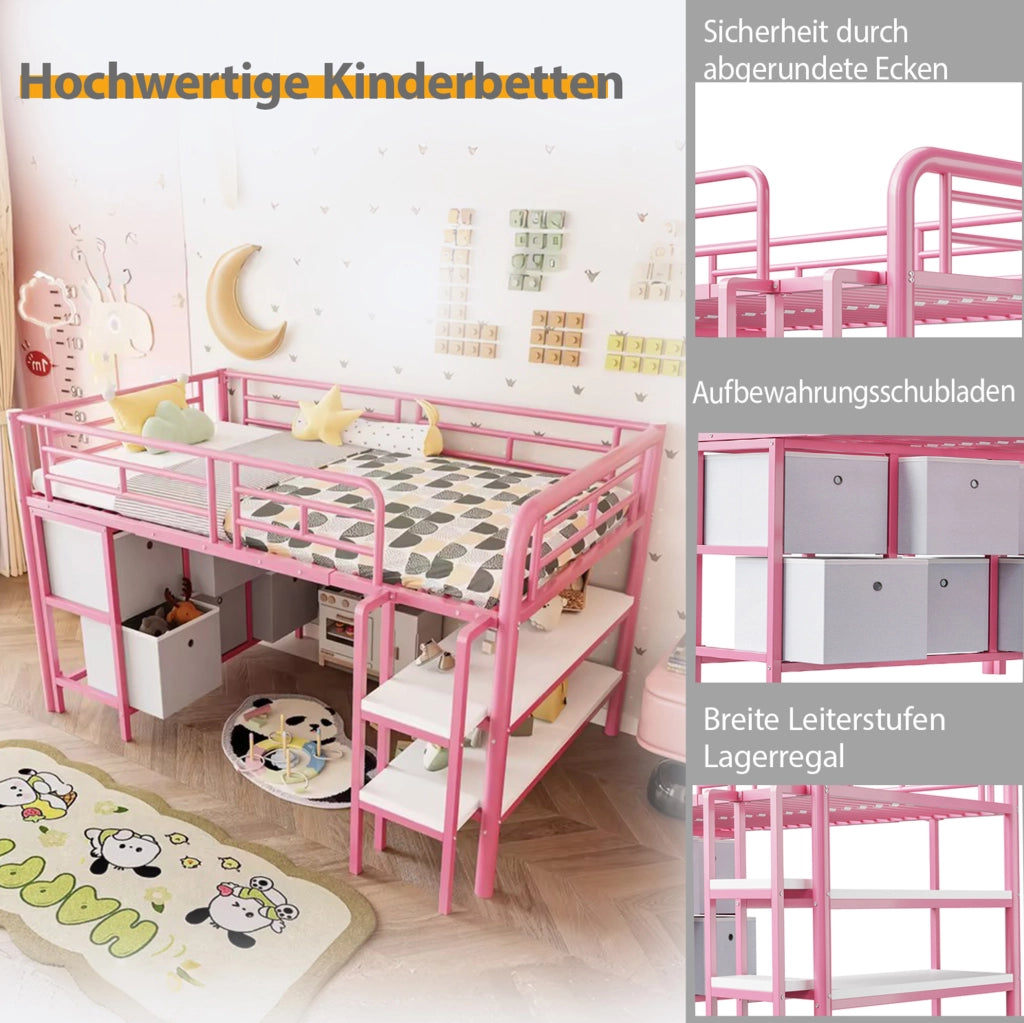 Letto a soppalco basso per bambini 90x200 cm in metallo e MDF; rosa; con scala ampia e vano portaoggetti