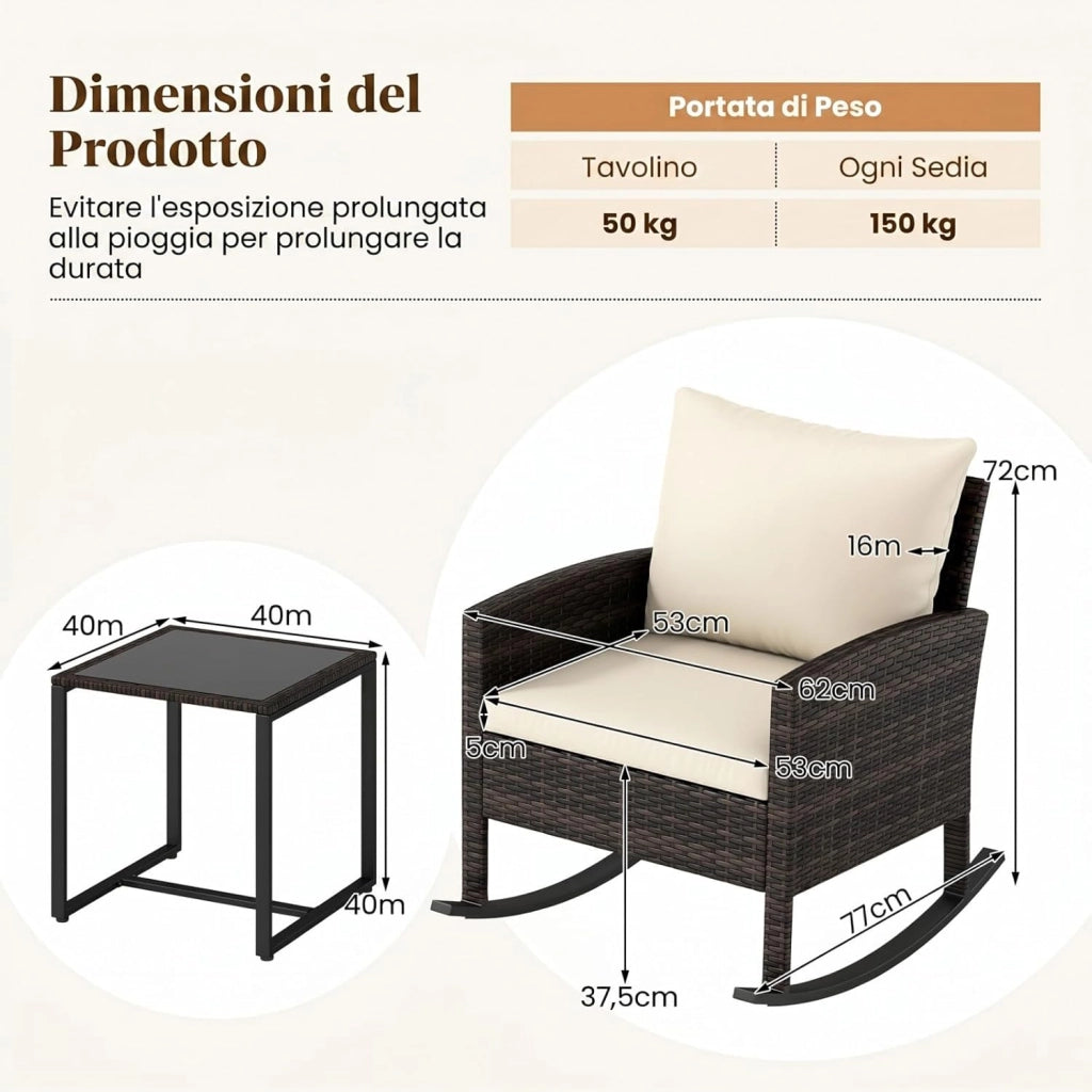 Set Salotto da Giardino in Rattan, Set Mobili da Eterno con 2 Poltrone a Dondolo, Tavolino in Vetro Temperato e Comodi Cuscini con Fodera Lavabile per Cortile e Balcone (Beige)