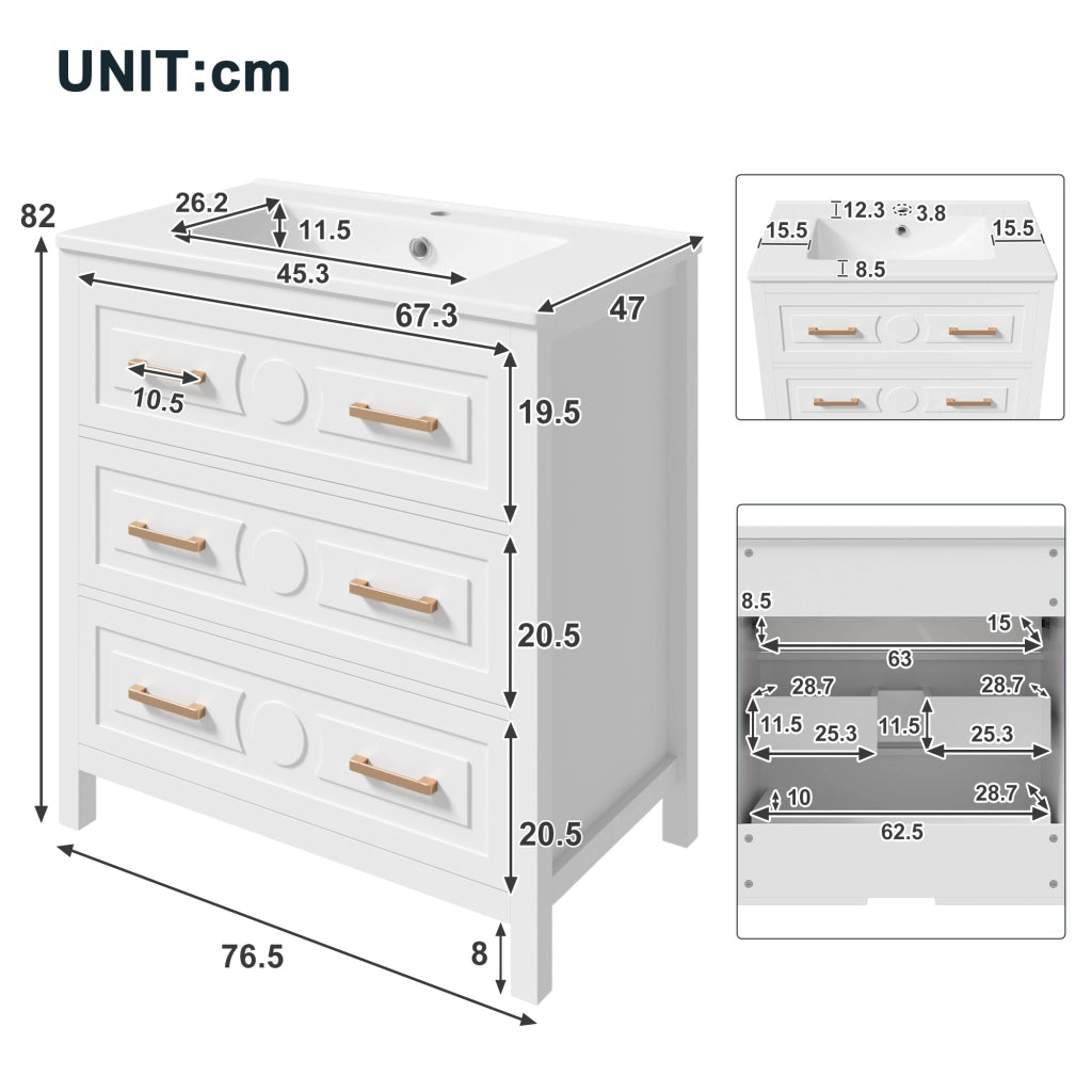 Mobile bagno freestanding 76,5 x 47 x 82 cm in MDF con lavabo in ceramica, 3 cassetti, bianco