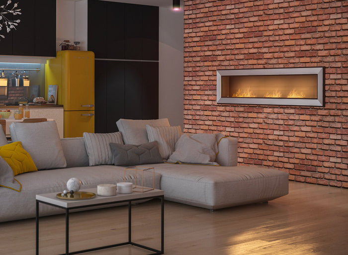 Camino a Bioetanolo da Parete/Incasso 180x49 cm Frame 1800 Inox con Vetro