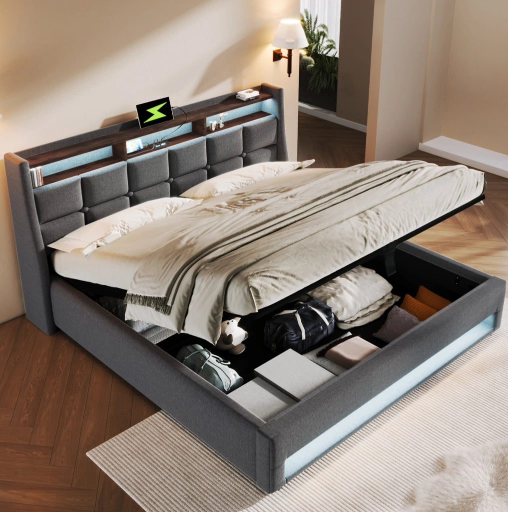 Letto imbottito 140x200 cm grigio con materasso H3, LED, USB e vano contenitore