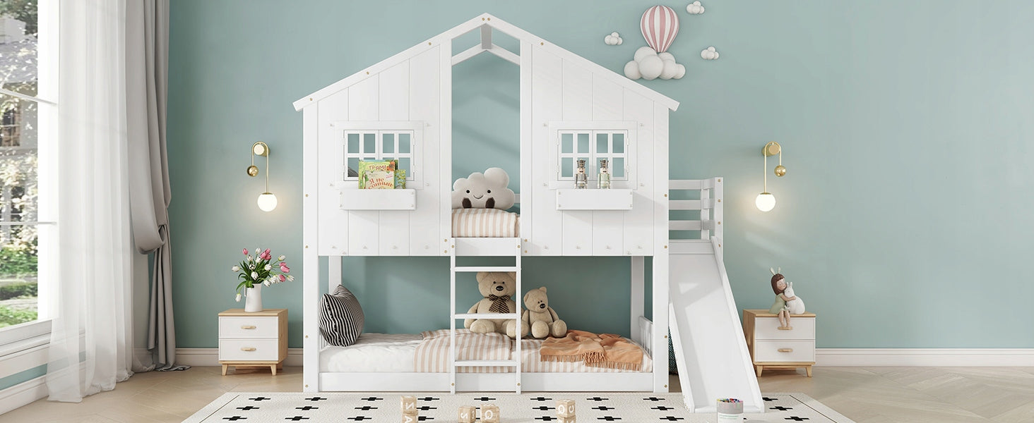 Letto a castello 90x200 - Xylo - Bianco con scivolo e tetto