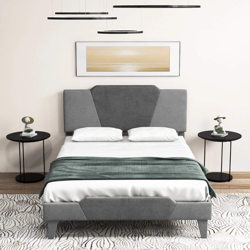 Letto matrimoniale con struttura imbottita testiera doghe in legno massello, Base per materasso 140x200cm Grigio-Letti e strutture