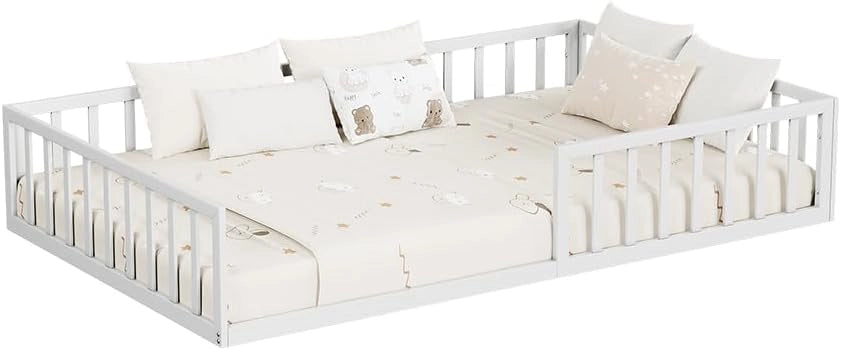 Letto a pavimento Minno 120x200, letto bambini in metallo, letto Montessori con protezione anticaduta, bassa altezza d’ingresso, bianco