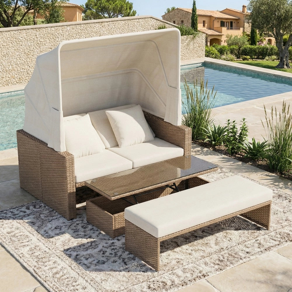Divano da giardino in polyrattan - Zephmum - Per 2-4 persone, tavolino regolabile, tenda removibile, PE rattan e schiuma, kaki
