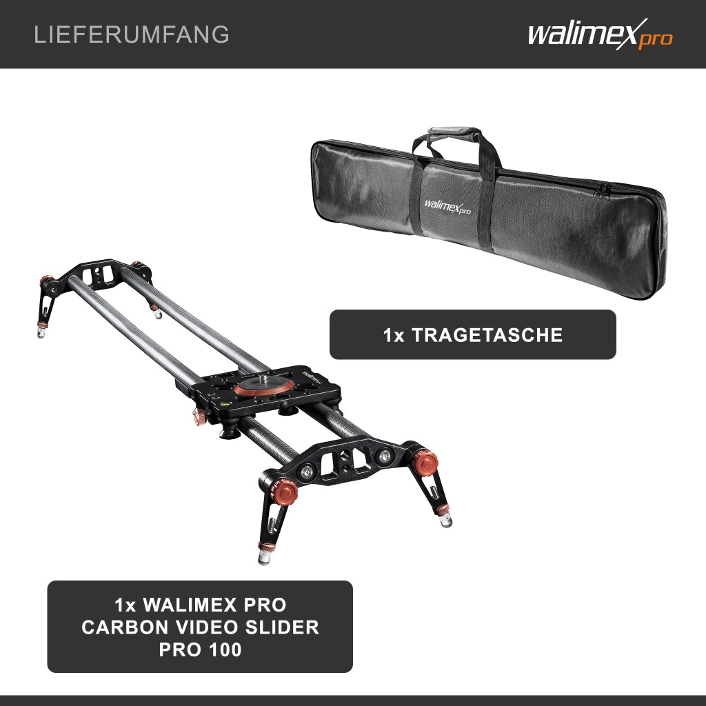 Walimex Pro Carbon Video Slider Pro (100 cm, movimenti fluidi della fotocamera, inclusa borsa per il trasporto e livella) nero