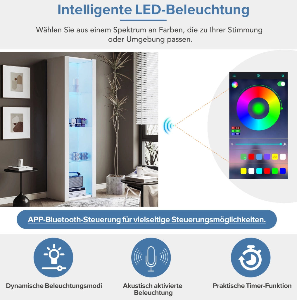 Vetrina bianca lucida con illuminazione LED e 3 ripiani in vetro