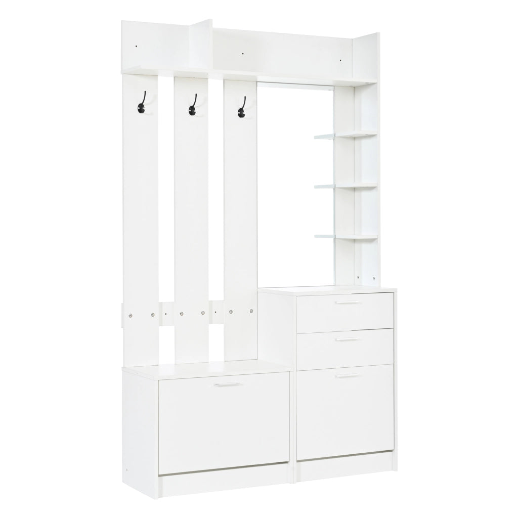 Garderobenschrank multifunzionale bianco 110¡Á34¡Á185 cm con specchio, 2 cassetti, 2 scarpieri ribaltabili e 3 ganci