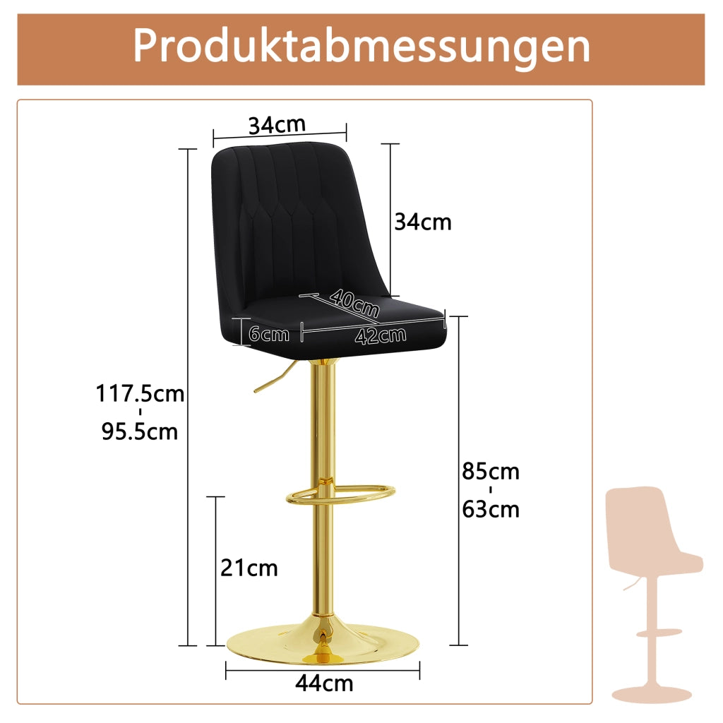 Set di 2 sgabelli da bar girevoli a 360° con altezza regolabile; schienale in PU e base in metallo nero e oro