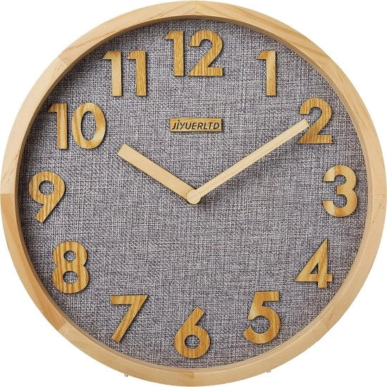 Cronografo da parete, orologio da cucina silenzioso senza tic quartz con numeri in legno visualizzazione 3D, cornice in legno con faccia in lino orologio per casa ufficio classe. (Grigio) [Classe di efficienza energetica A++]