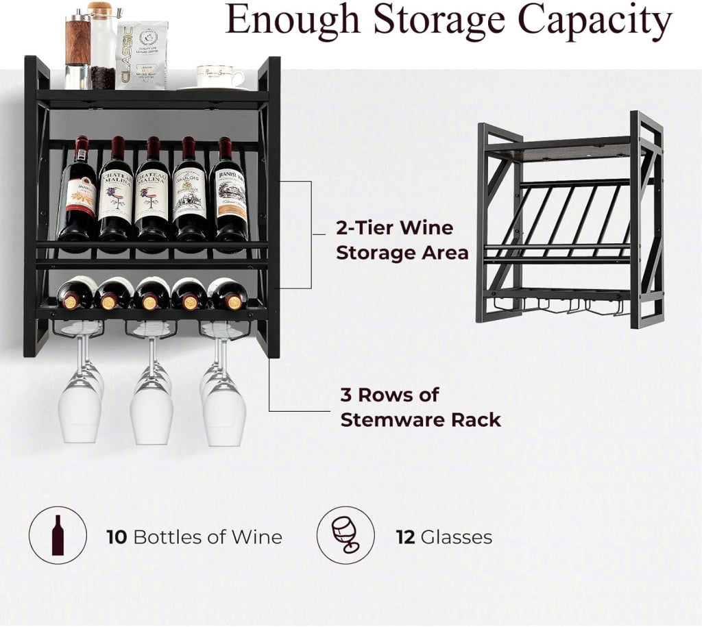 Cantinetta a Parete, Scaffale Vino Decorativo con Portacalici per Coppe, Supporto per Bottiglie Appendibile, 20 kg di Carico per Strato, per Cucina, Cantina, Bar (51 x 26,5 x 60 cm)