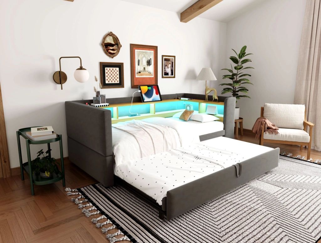 Divano Letto Imbottito 90/180x190 cm con LED, Prese e Ripiani, Grigio Scuro, Multifunzionale