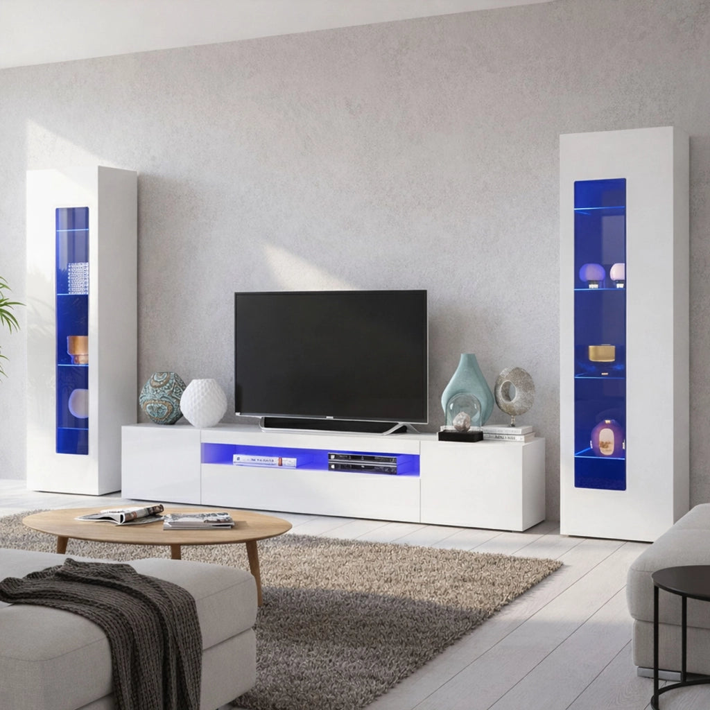 Parete attrezzata da soggiorno Aslhey, Made in Italy, Mobile porta TV, Set salotto moderno, cm 300x40h162, Bianco lucido