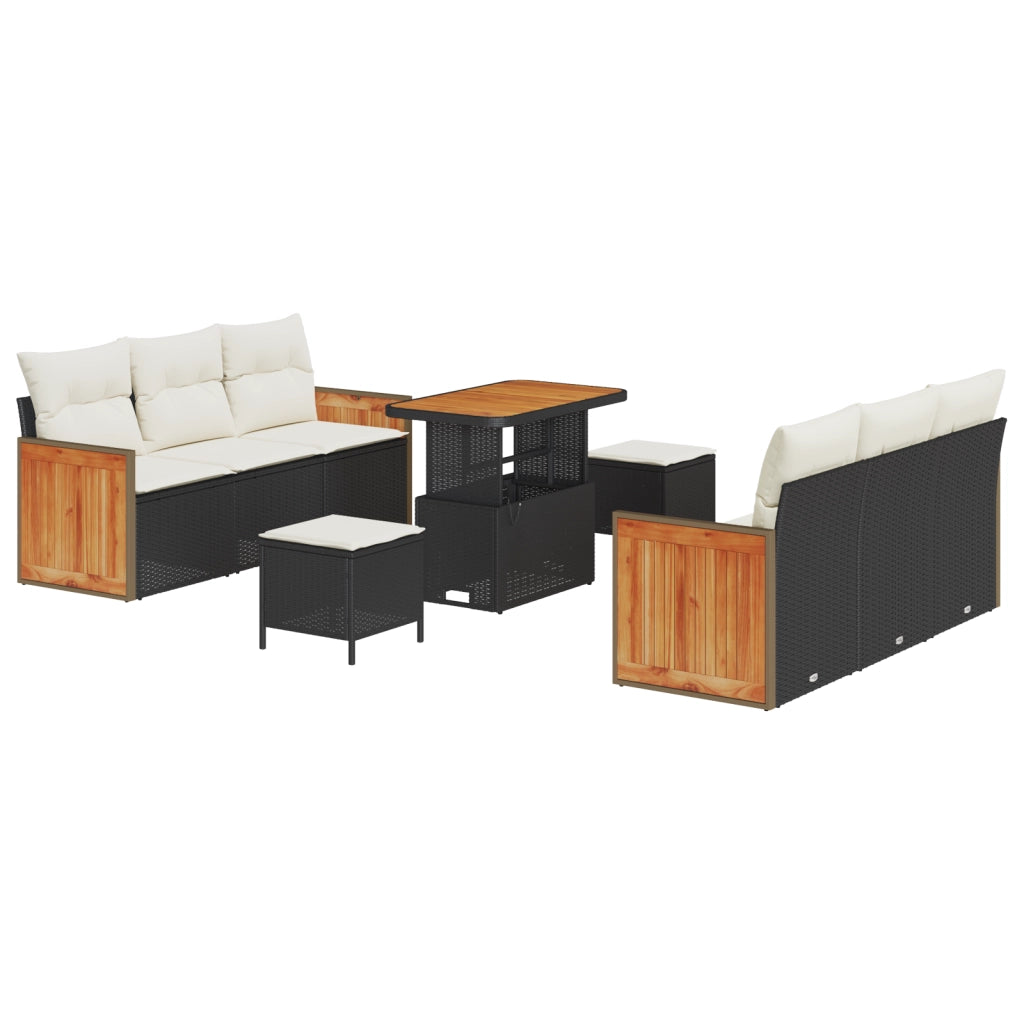 Set da giardino  9 pezzi con cuscini Nero Polyrattan Acacia