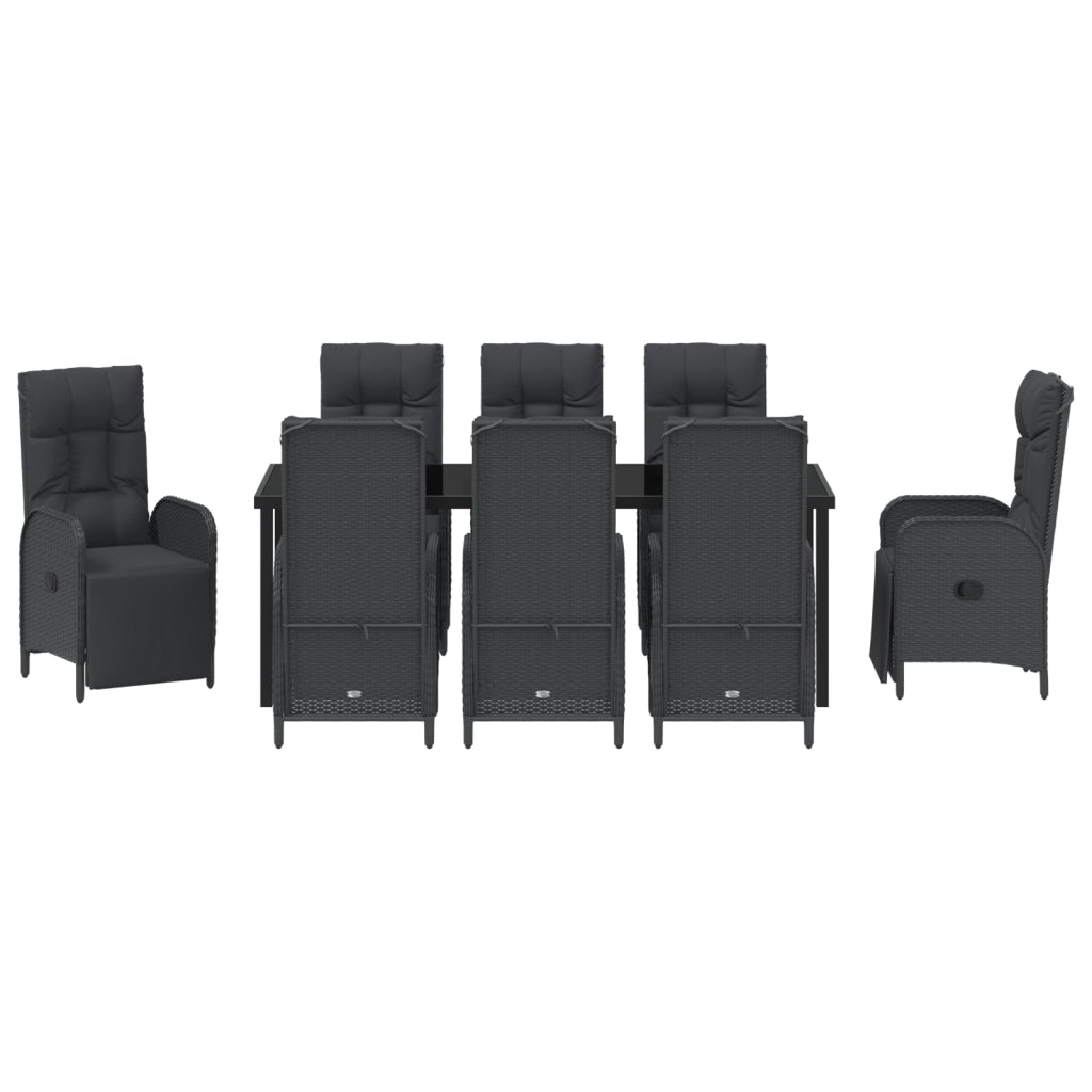 Set da pranzo da giardino 9 pezzi con cuscini neri in polyrattan