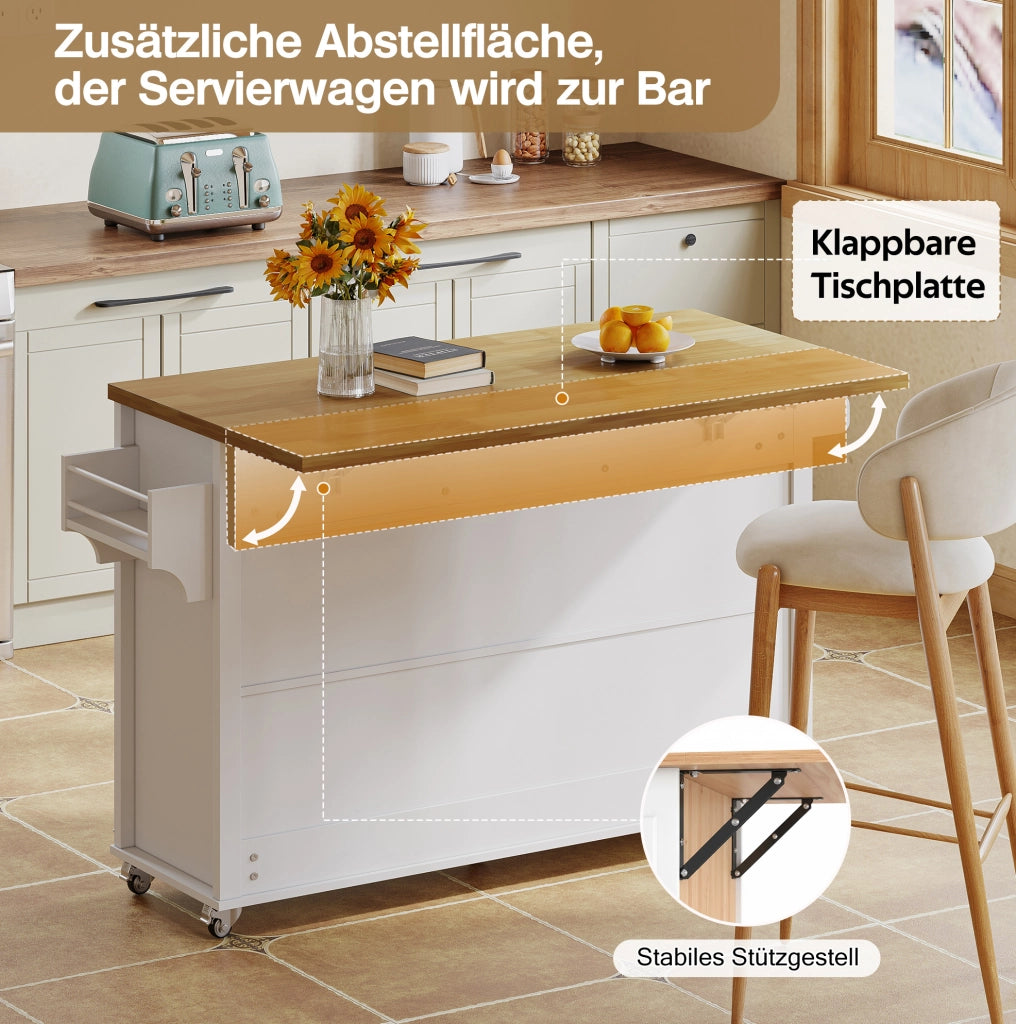Isola da cucina mobile con piano ribaltabile, bianco e naturale