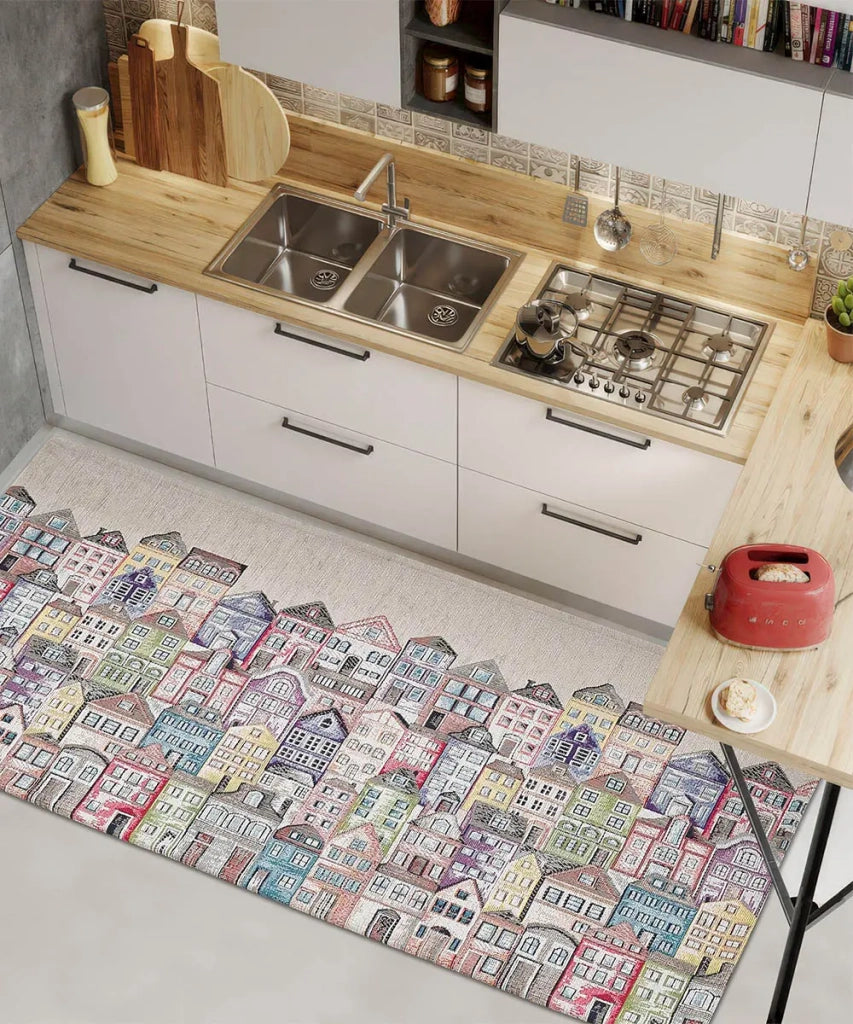 Tappeto moderno VILLAGE MULTICOLORE disegno arte contemporanea astratto geometrico, passatoia cucina multiuso lavabile in lavatrice e anti-scivolo cm.55x240