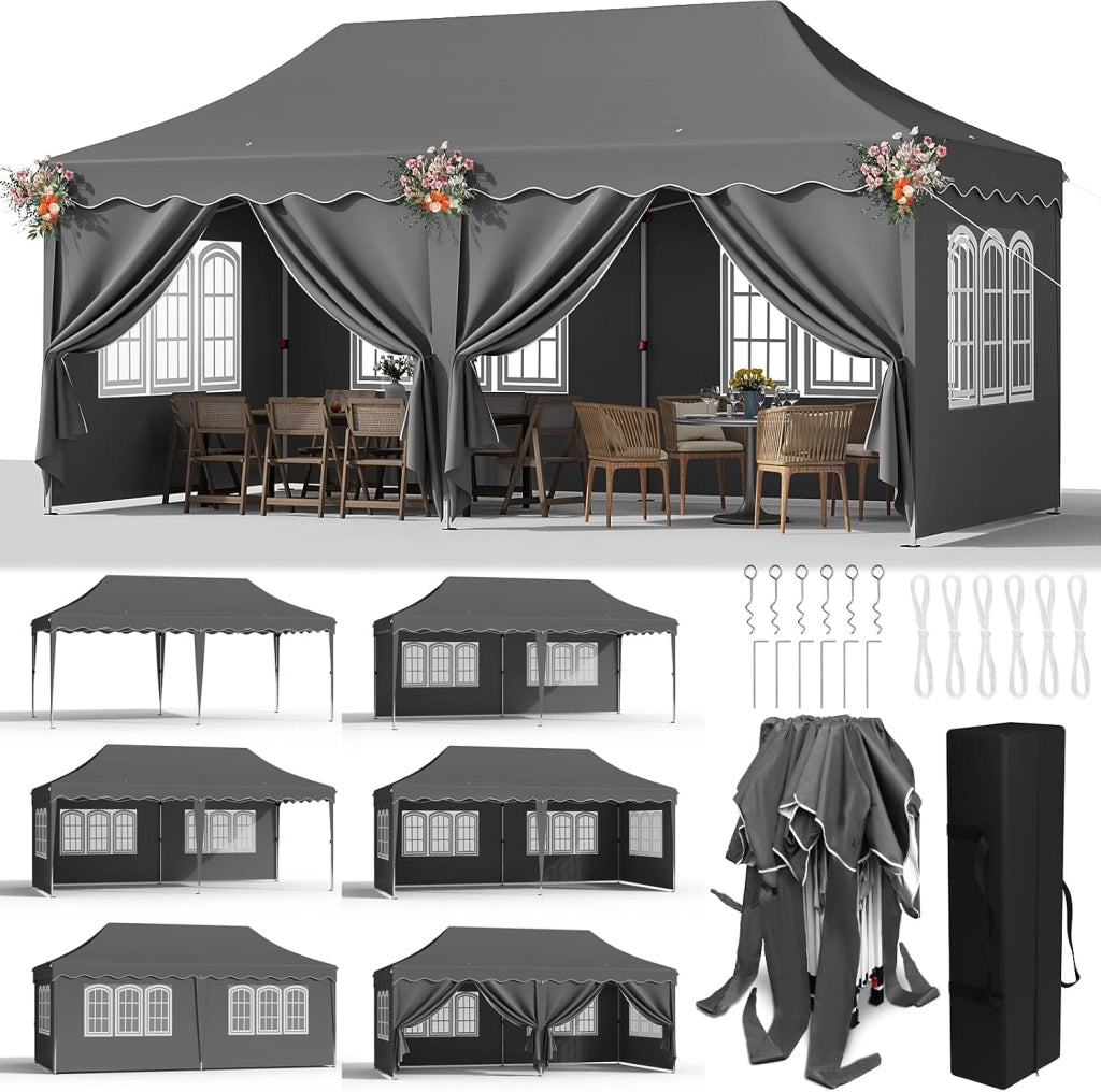Gazebo 3x6 Pieghevole Impermeabile Con 6 Pareti Laterali - Tenda Protezione UV 50+ - 12 Chiodi Rettificati e 6 Corde - Per Esterno, Giardino, Campeggio, Matrimoni - Bianco