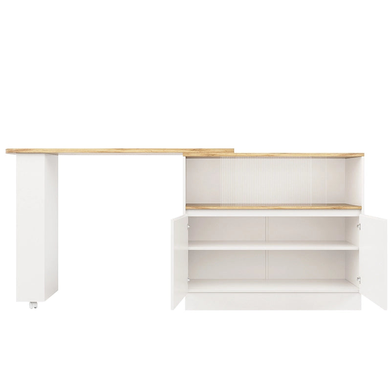 Isola cucina e mobile bar girevole 360° con ante in vetro, ripiani e cassetti, bianco in MDF
