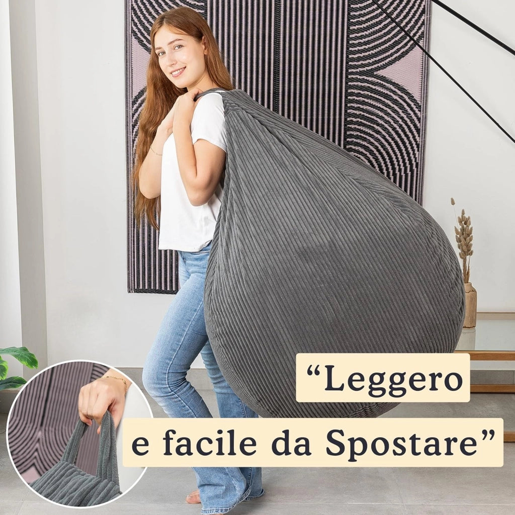 Pouf Poltrona Sacco in Velluto a Coste Larghe - Imbottitura in Schiuma, Morbido - Fodera Lavabile - Facile da Trasportare, Per Bambini e Adolescenti (105x85 cm, Grigio Scuro)
